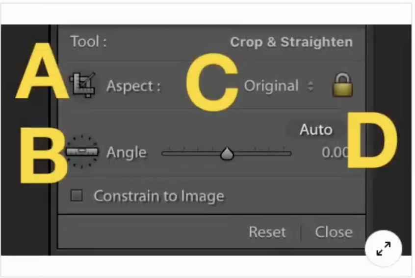 Review the image below. Which option lets you manually straighten a photo by drawing a vertical or horizontal line?